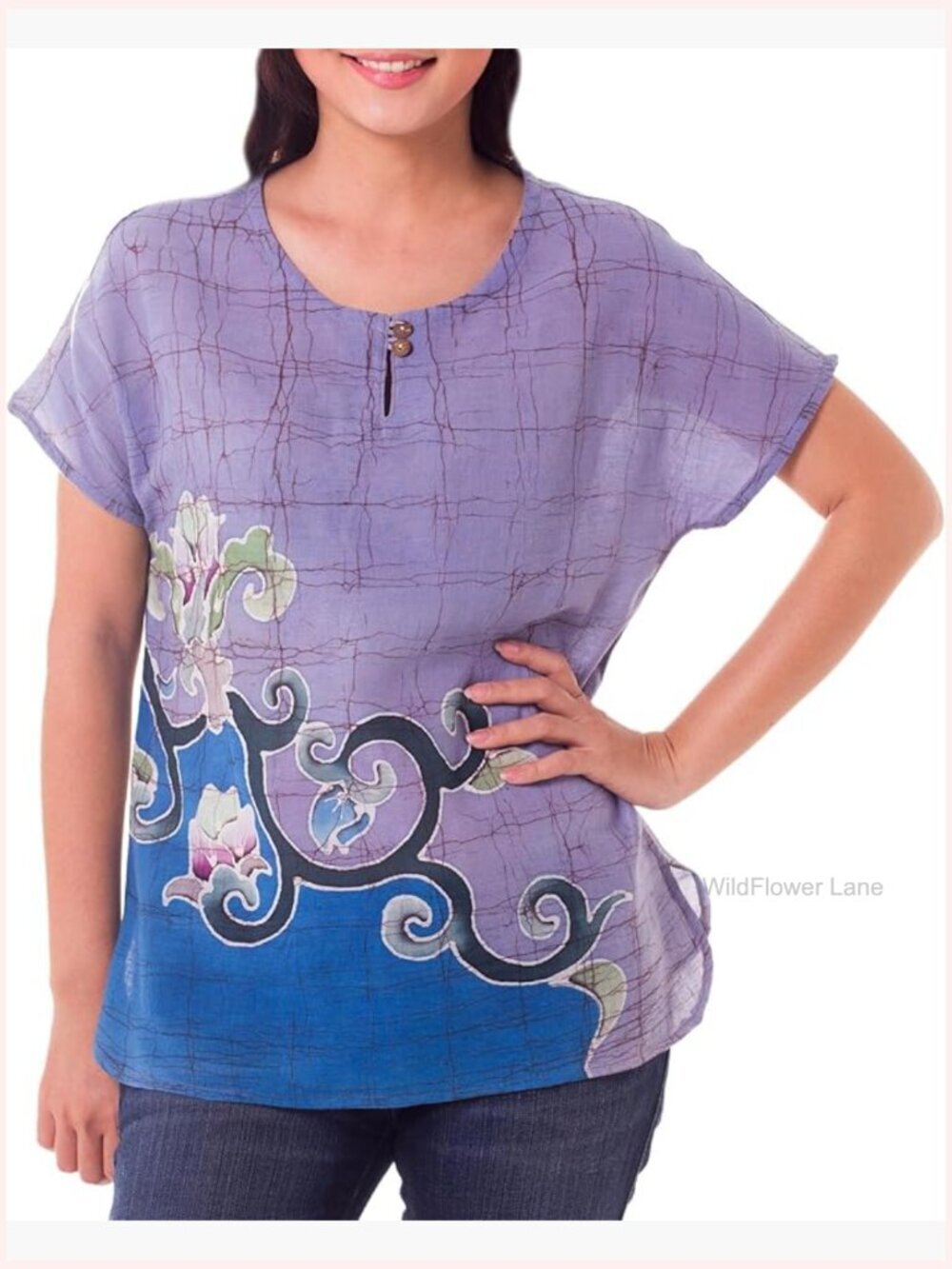 Semi-Sheer Batik Cotton Blouse Handmade Floral Tunic Top